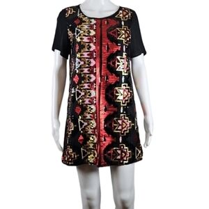 Everly Red Black Gold Sequined Tribal Aztec Short Sleeve Mini Shift Dress
